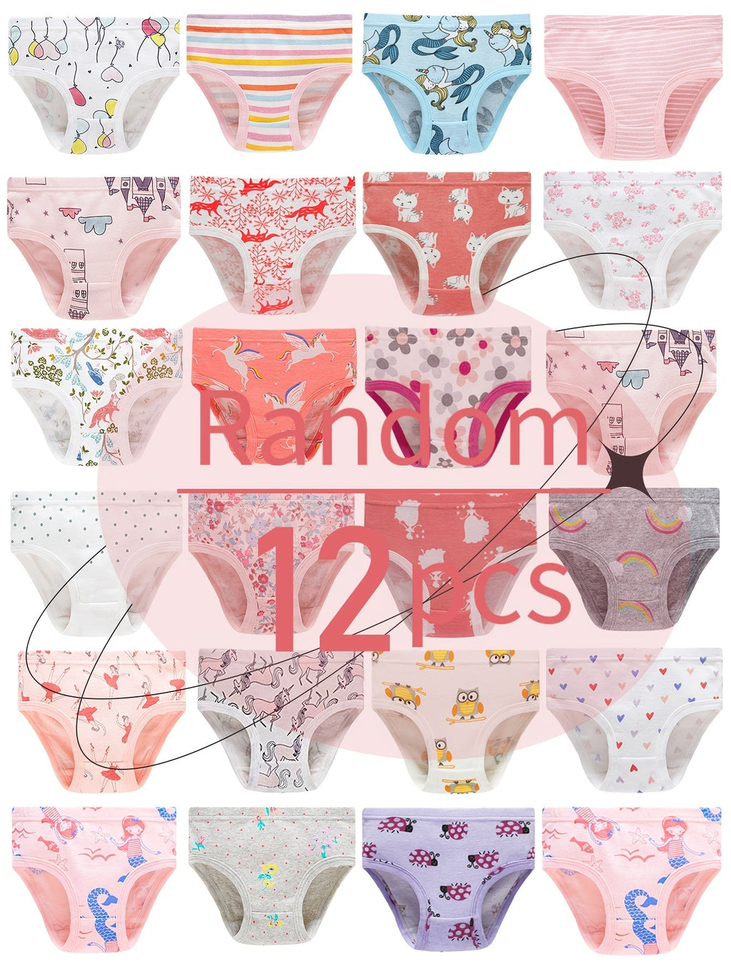 Girls' Printed Briefs 12-Pack in Random Colors and Patterns with Elastic Waists for Daily Changes
