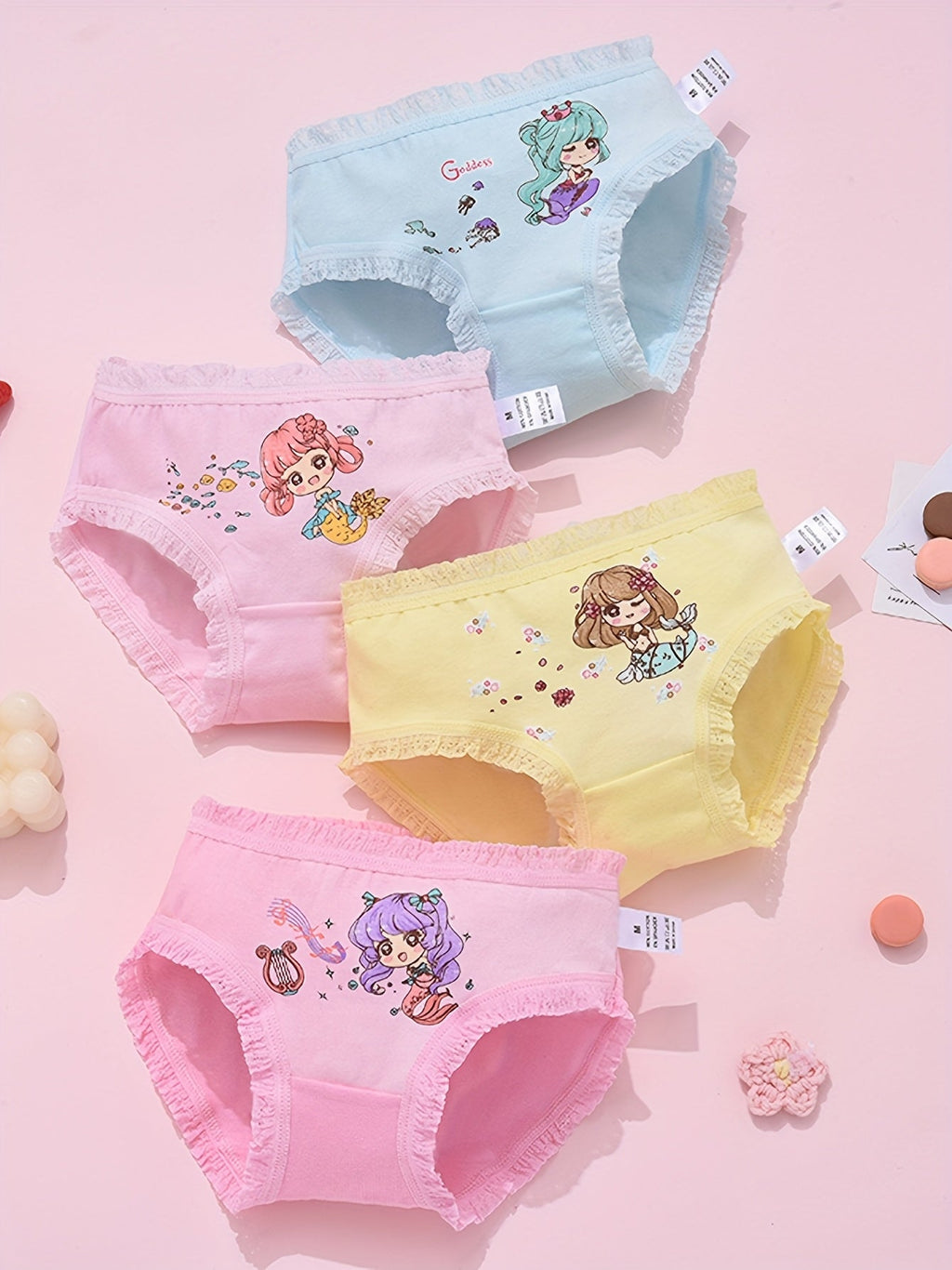 Girls' Mermaid Cotton Briefs 4-Pack in Pastel Colors with Ruffled Edging for Everyday Underwear Changes