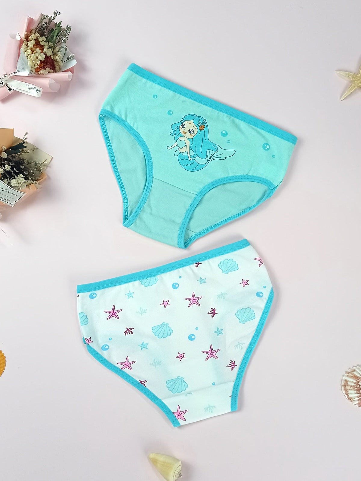 Girls' Mermaid Cotton Briefs 4-Pack in Pastel Colors with Ruffled Edging for Everyday Underwear Changes
