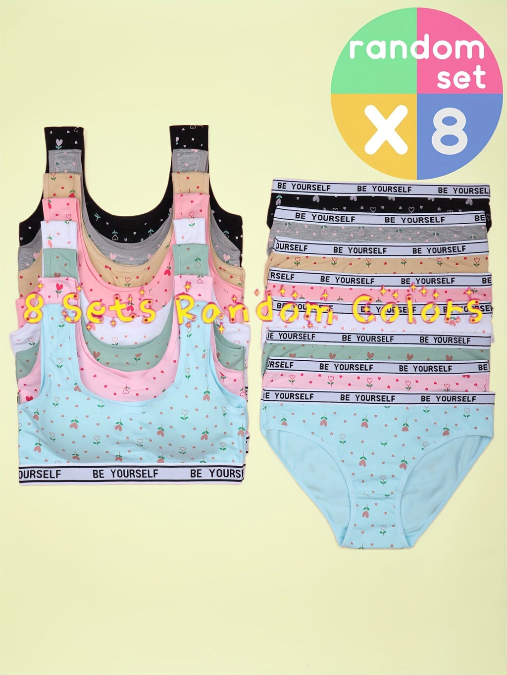Girls' Eight Training Bra and Brief Sets in Assorted Colors with Heart Prints and Lettered Elastic Bands