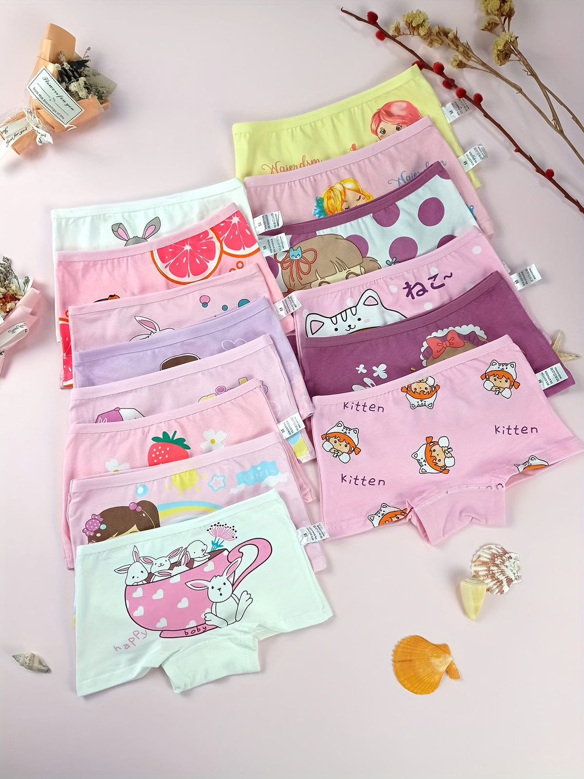 Girls Boxer Briefs Eight-Pack with Random Cartoon Prints and Short Legs for Everyday Underwear Changes
