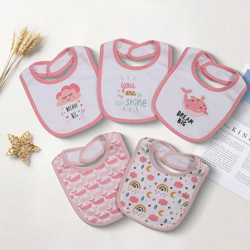 Cotton Baby Bibs in Five-Piece Cartoon Sets with Adjustable Neck Fastenings for Feeding and Daily Changes
