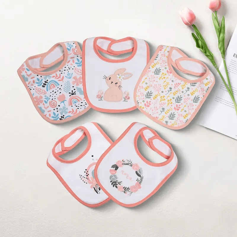 Cotton Baby Bibs in Five-Piece Cartoon Sets with Adjustable Neck Fastenings for Feeding and Daily Changes