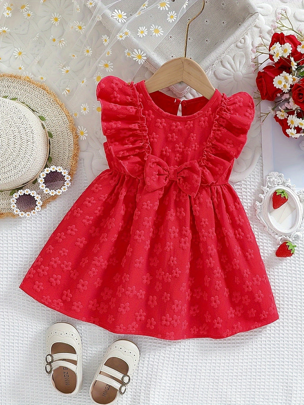 Baby Girls' Floral Texture Dress with Ruffled Shoulders and a Front Bow for Summer Family Occasions