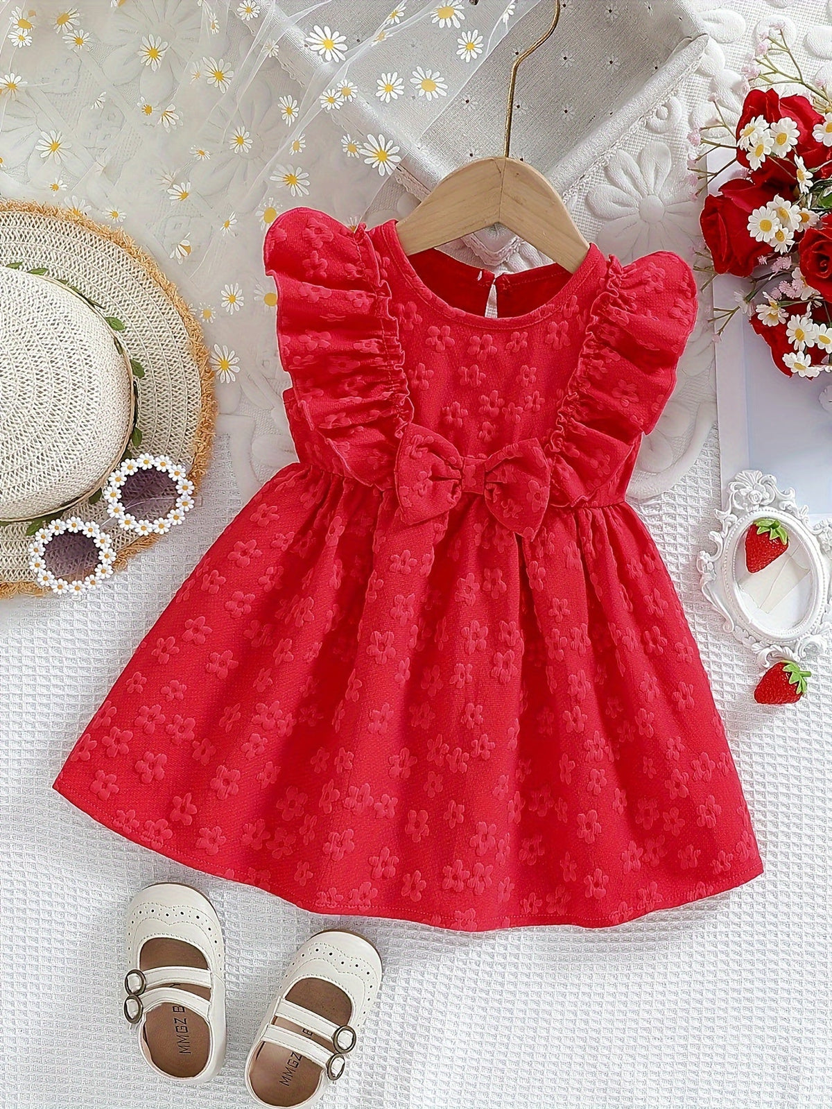 Baby Girls' Floral Texture Dress with Ruffled Shoulders and a Front Bow for Summer Family Occasions