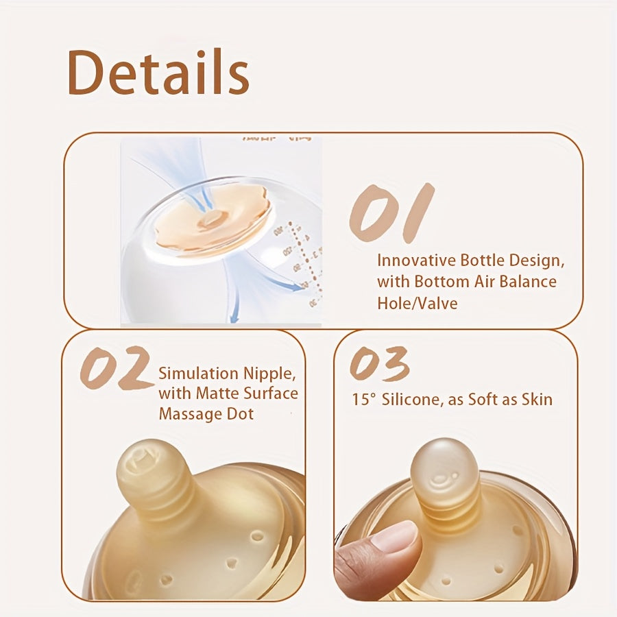 Wide-Neck Glass Baby Bottles with Bottom Air-Balance Valves and Clear Volume Markings for Feeding