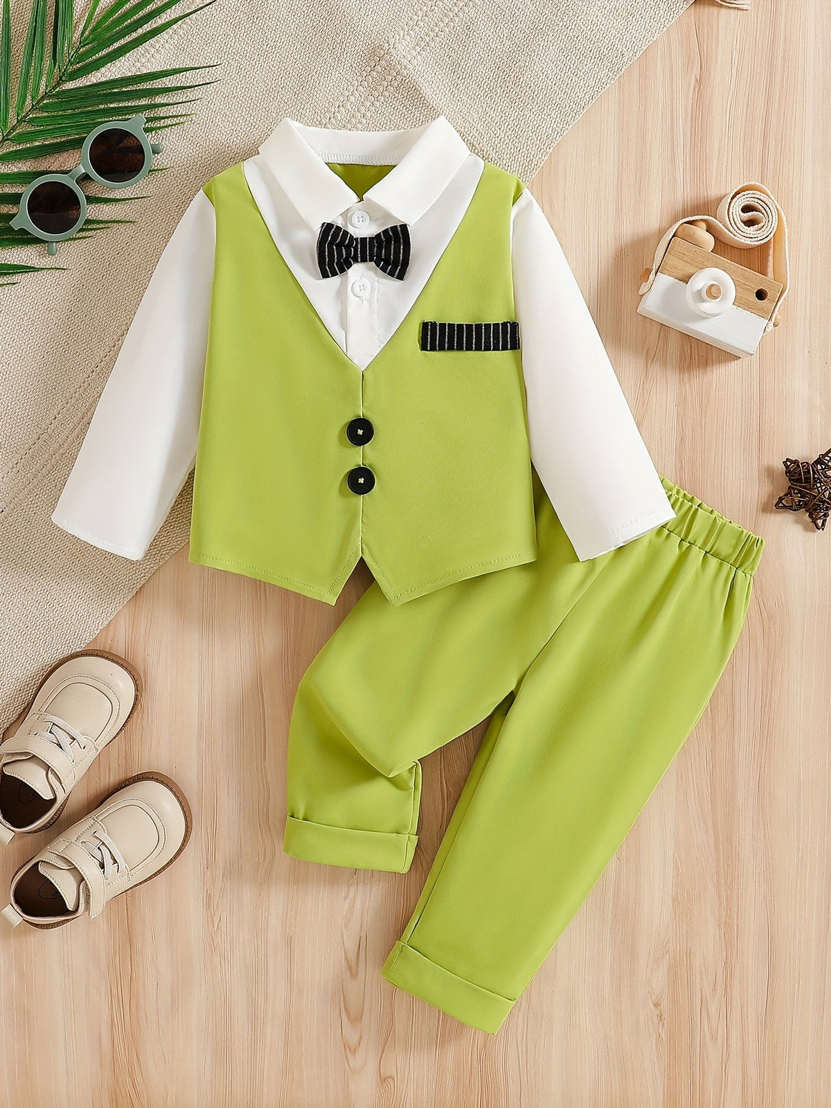Baby Boy Mock Vest Shirt and Pants Outfit with a Bow Tie Detail and Long Sleeves for Birthday Parties