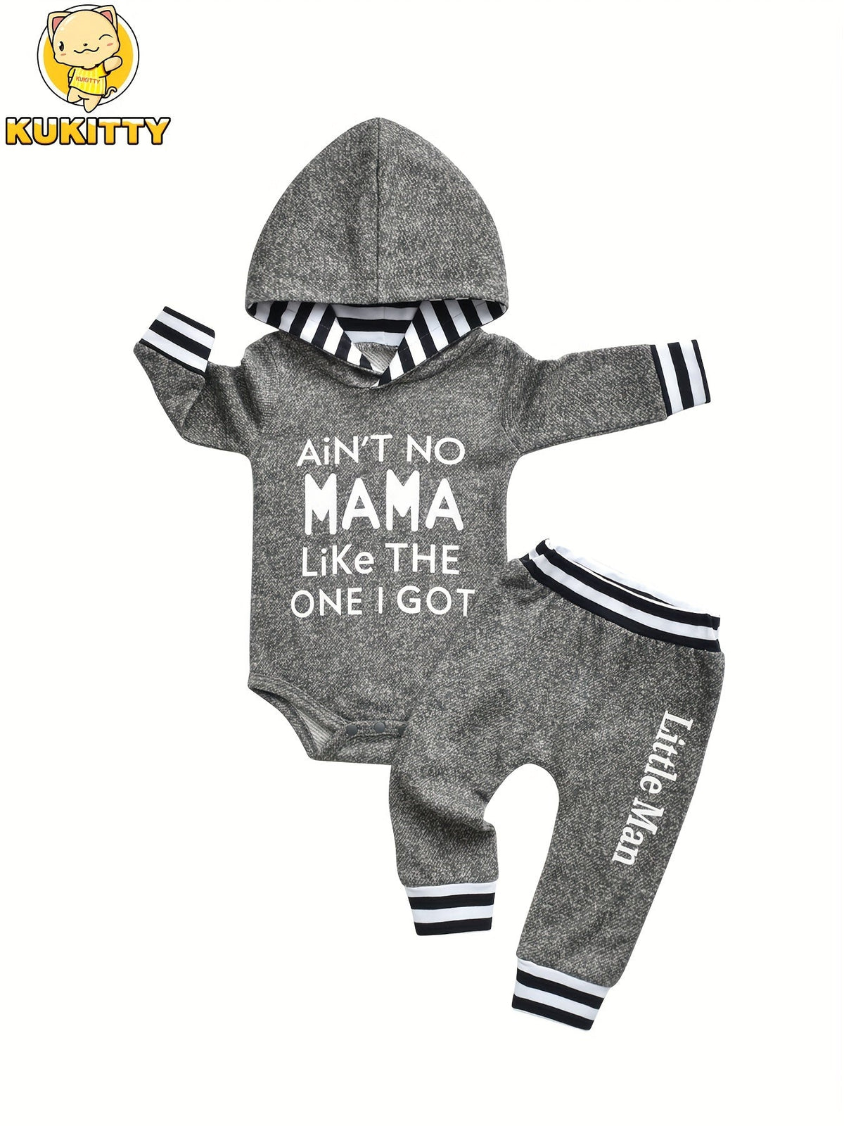 Baby Boys' Grey Hooded Bodysuit and Pants Set with Mama Lettering and Black White Striped Trim