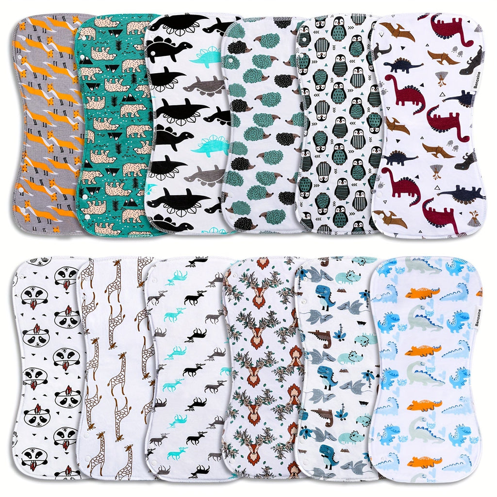 Baby Burp Cloths 12-Pack in Assorted Animal Prints, Contoured Shoulder Cloths with Cotton Outer Layers