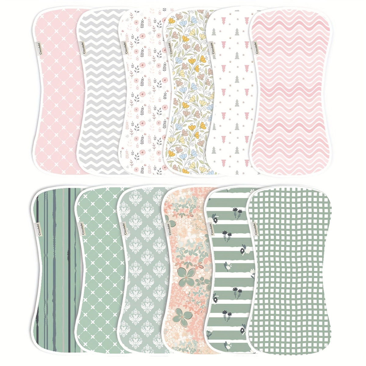Baby Patterned Burp Cloths 6-Pack with Curved Shoulder Edges in Pink Blue or Green Sets for Daily Feeding
