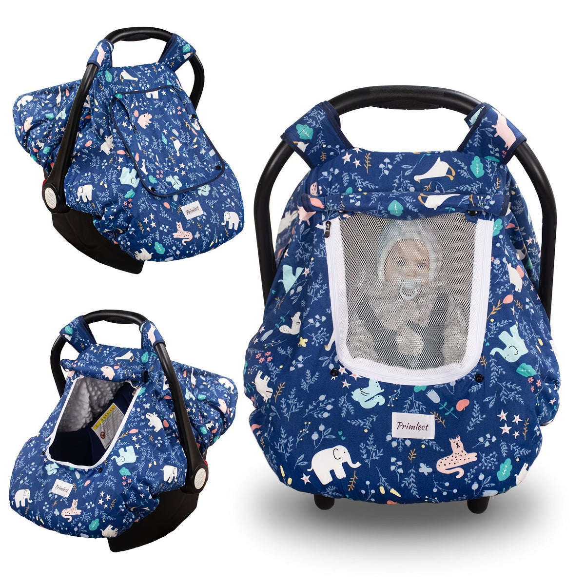 Baby Car Seat Cover, Minky a Zippered Mesh Window and Printed Outer Layer for Infant Carrier Outings