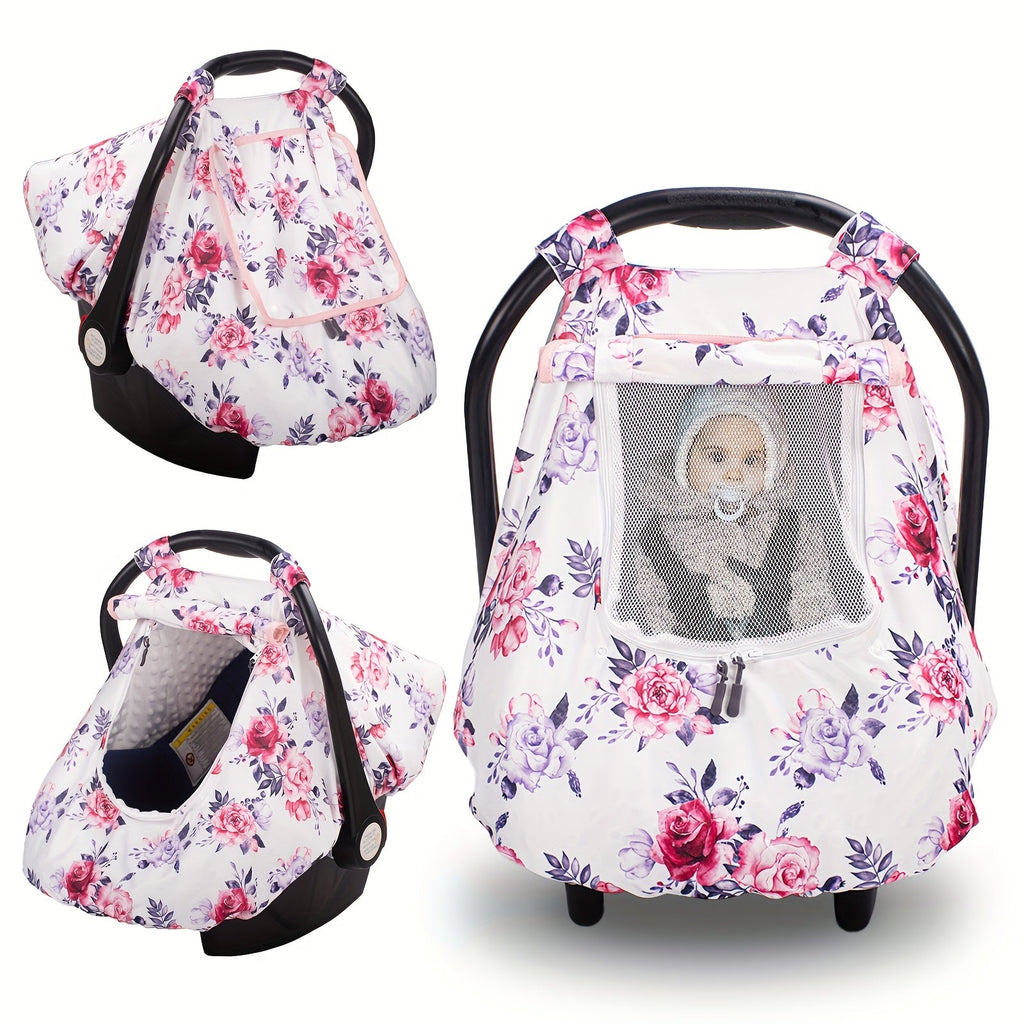 Baby Car Seat Cover, Minky a Zippered Mesh Window and Printed Outer Layer for Infant Carrier Outings