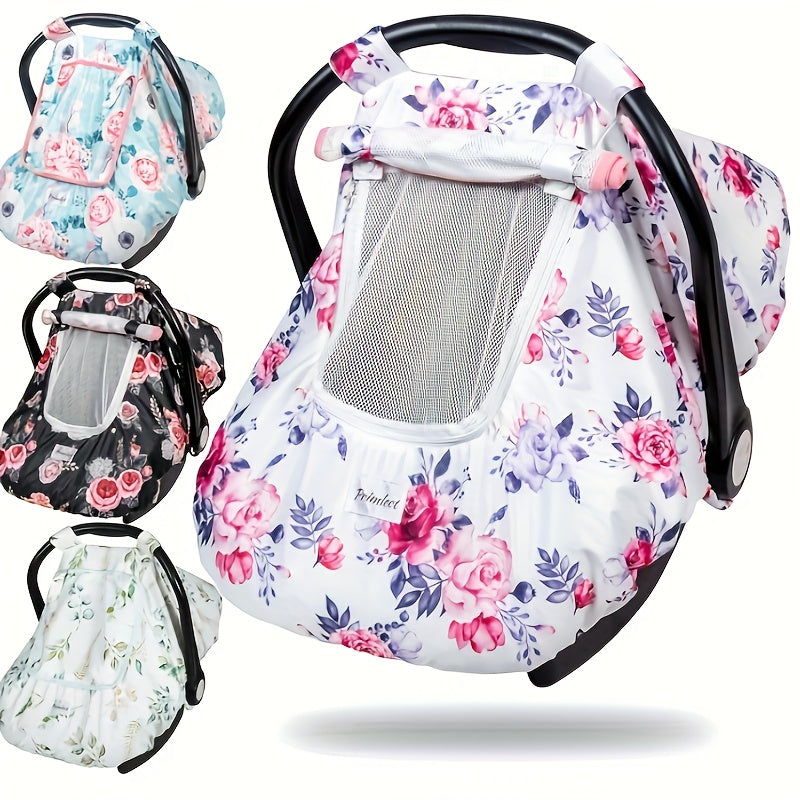 Printed Baby Car Seat Canopy with a Roll-Up Front and Mesh Window for Easy Viewing and Carrier Access