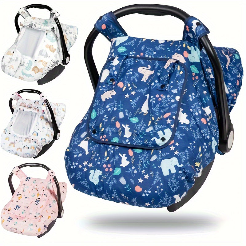 Printed Baby Car Seat Canopy with a Roll-Up Front and Mesh Window for Easy Viewing and Carrier Access