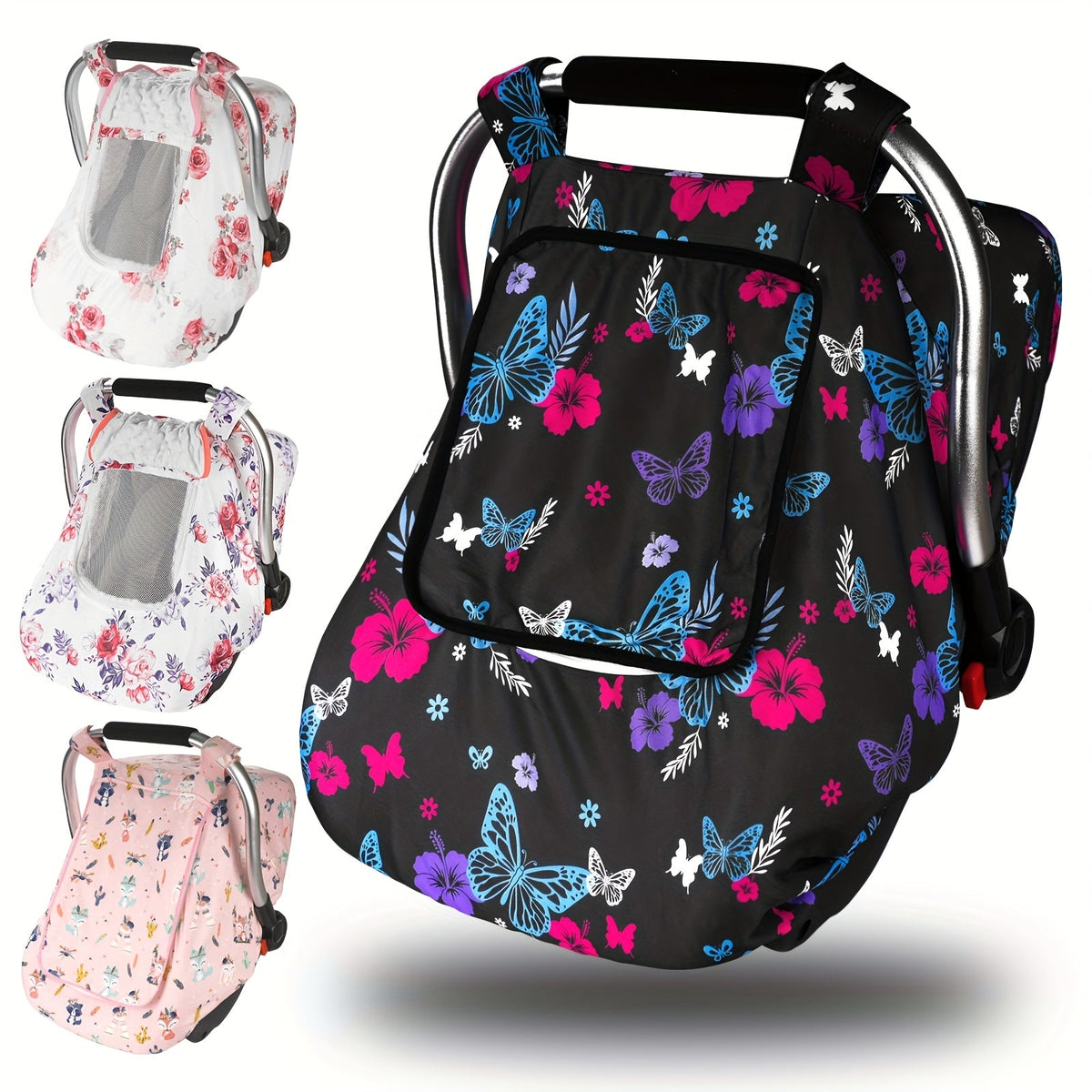 Baby Car Seat Cover with a Mesh Viewing Window and Roll-Up Front Panel in Floral and Animal Prints