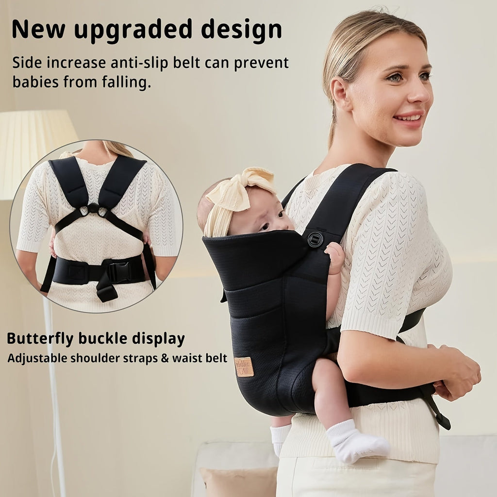 Baby Carrier with Wide Shoulder Straps and a Front Zip Pocket in Black or Dark Gray for Everyday Carrying