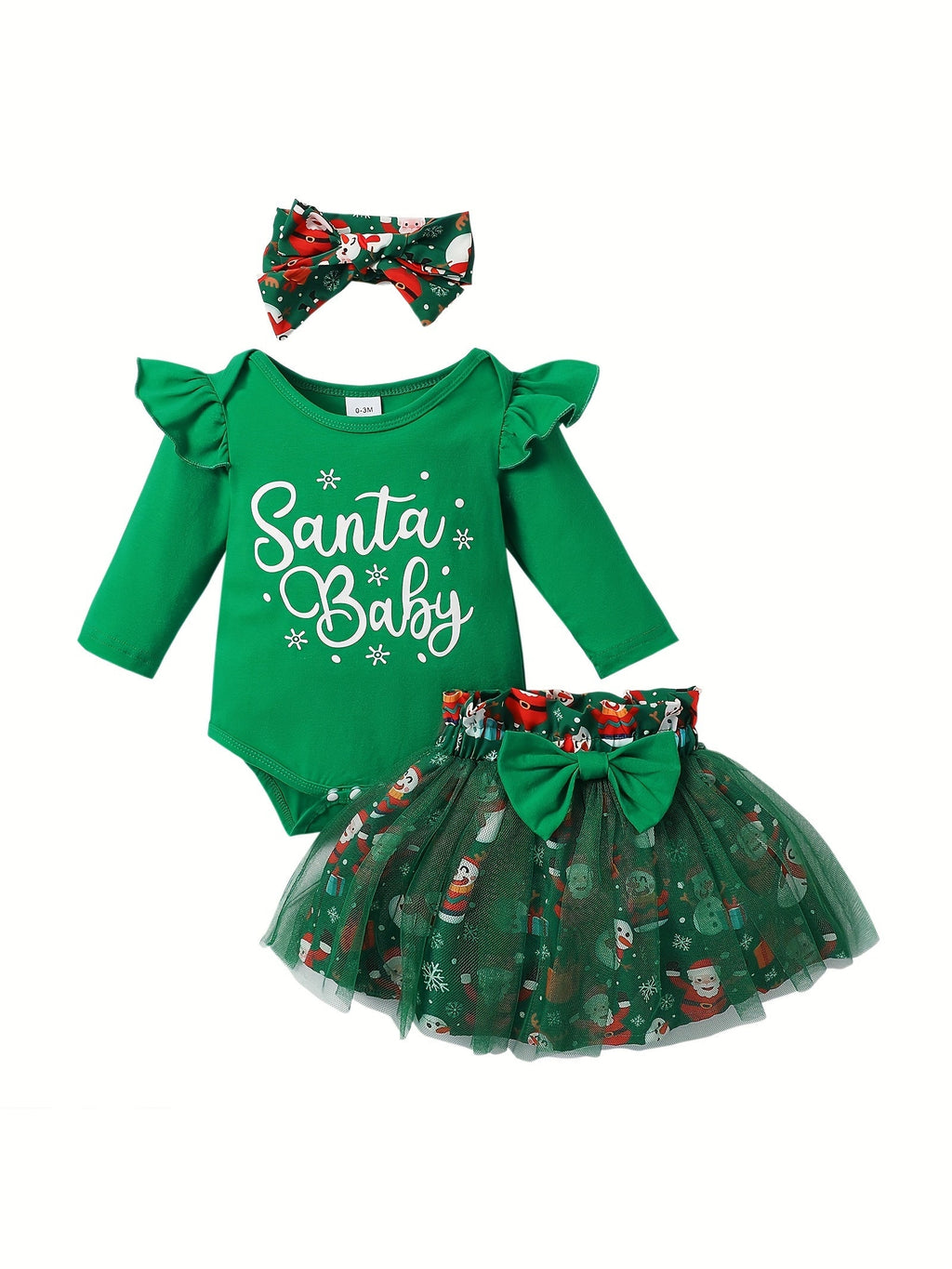 Baby Girls' Santa Baby Christmas Bodysuit and Mesh Skirt Set with a Matching Bow Headband for Holiday Photos