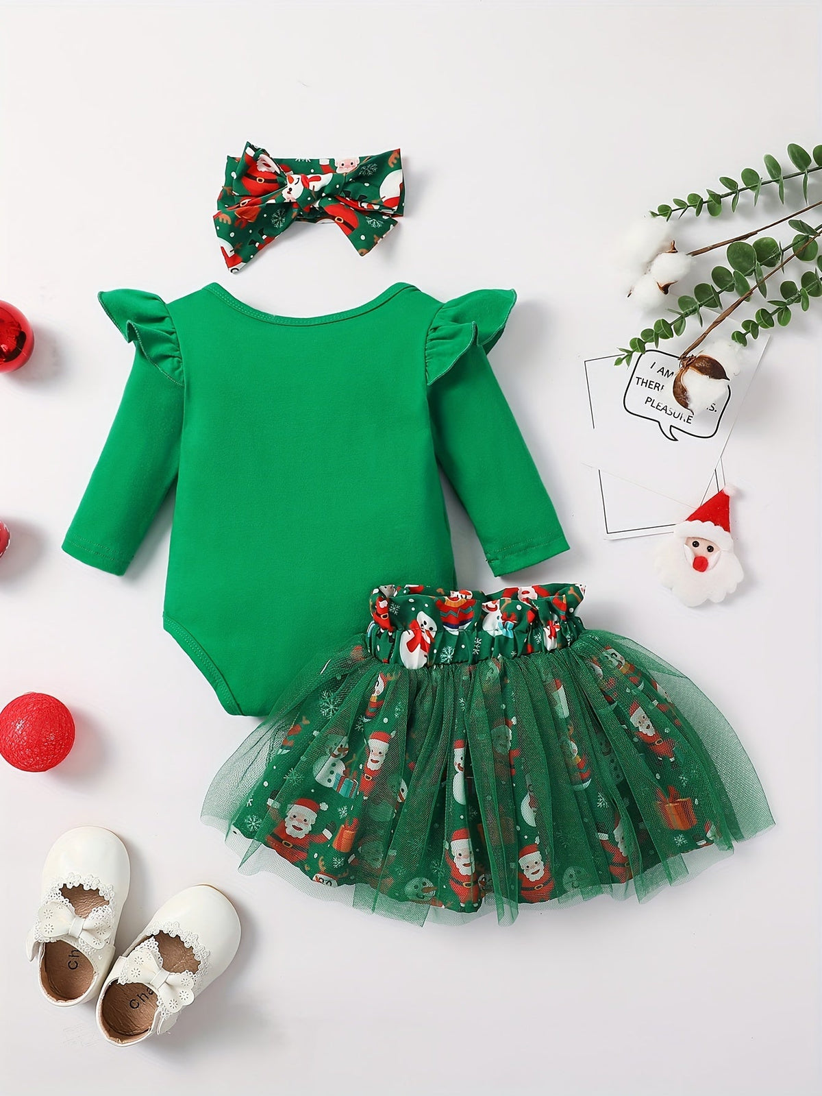 Baby Girls' Santa Baby Christmas Bodysuit and Mesh Skirt Set with a Matching Bow Headband for Holiday Photos