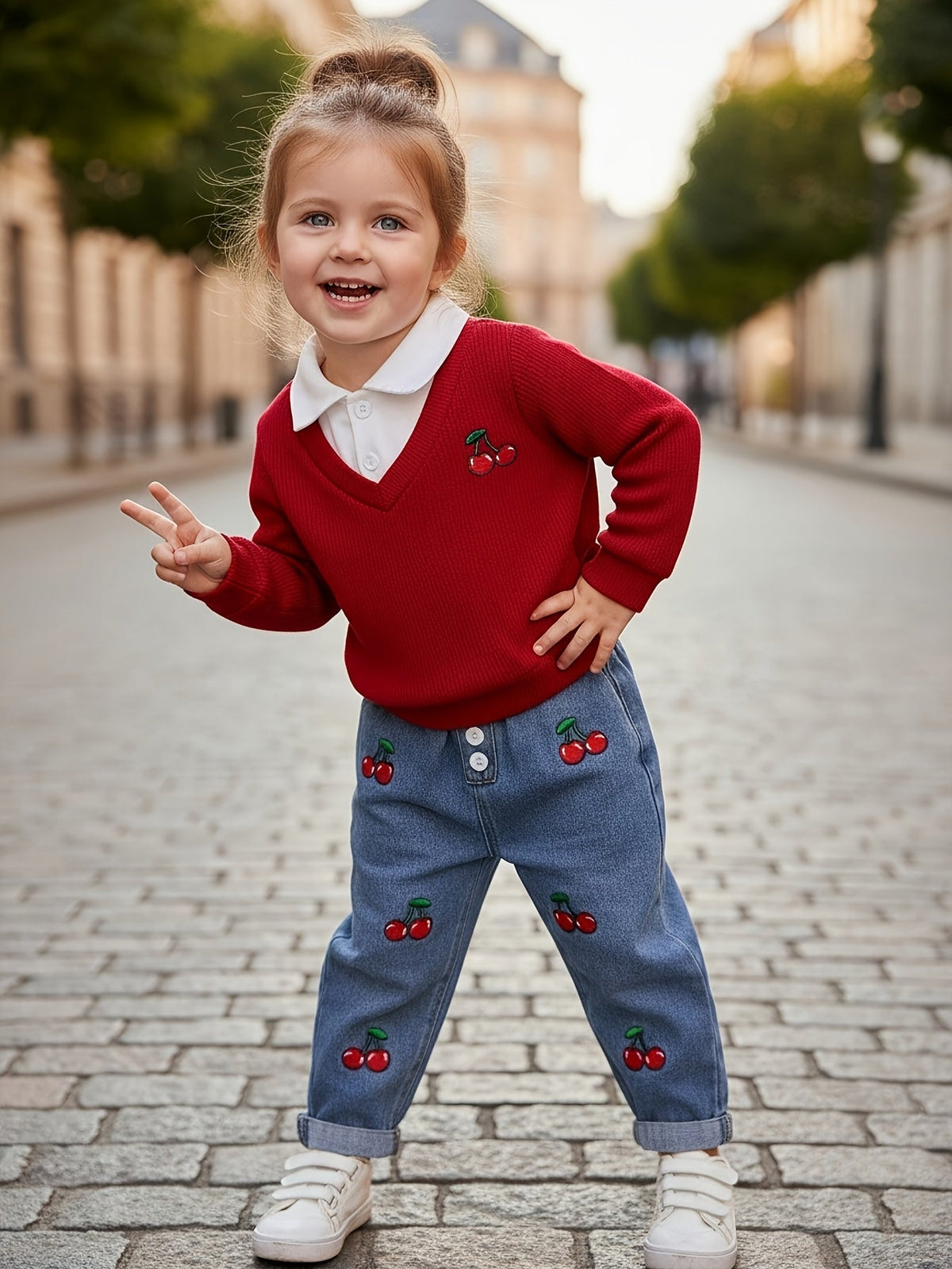 Baby Girls' Cherry Outfit Set for Casual Days with a Red Collared Ribbed Top and Embroidered Jeans