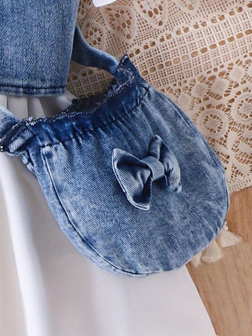 Baby Girls' Three Piece White Dress Outfit with a Denim Vest and Matching Bow Detail Crossbody Bag