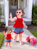 Baby Girls' Red Bow Cami Top and Denim Shorts Set with Ruffle Trim for Summer Outfits and Outdoor Play
