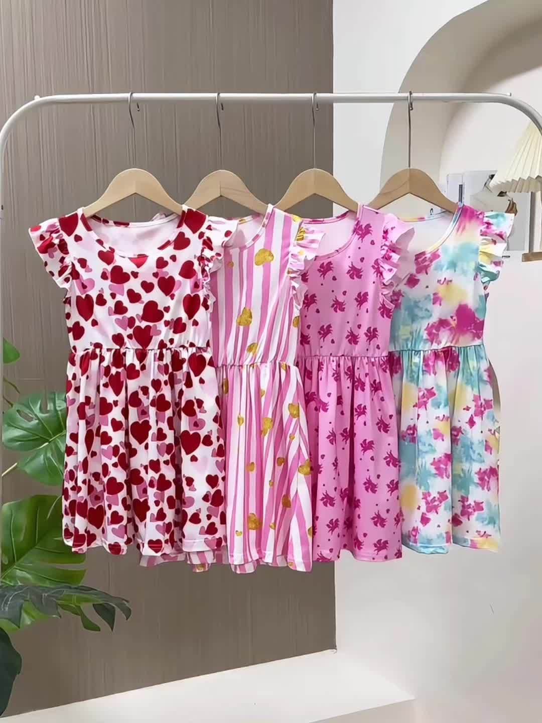 Girls' Printed Summer Dresses 4-Pack with Flutter Sleeves and Flared Skirts for Colorful Everyday Outfits