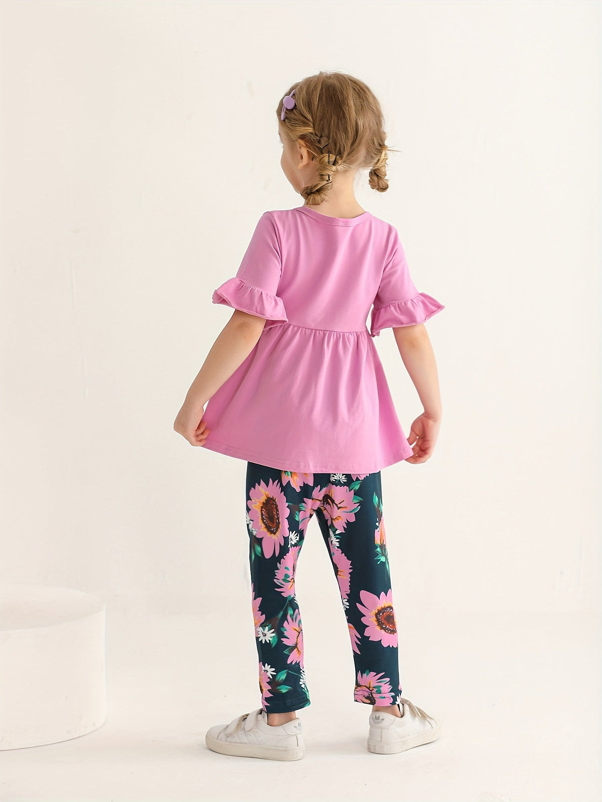 Girls Pants Set in Sky Blue Pink or Violet with a Ruffle Sleeve Top and Sunflower Print Trousers