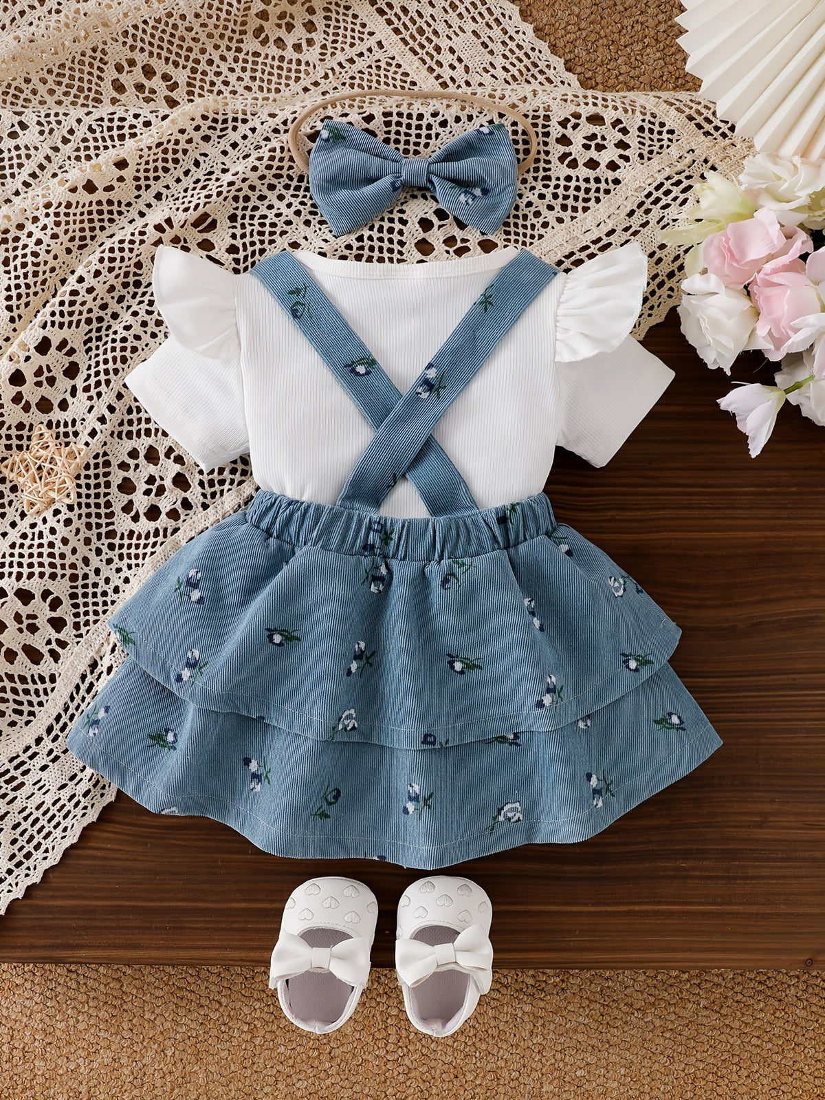 Baby Girls' Floral Pinafore Outfit with a Flutter Sleeve Top and Matching Bow Headband in Steel Blue