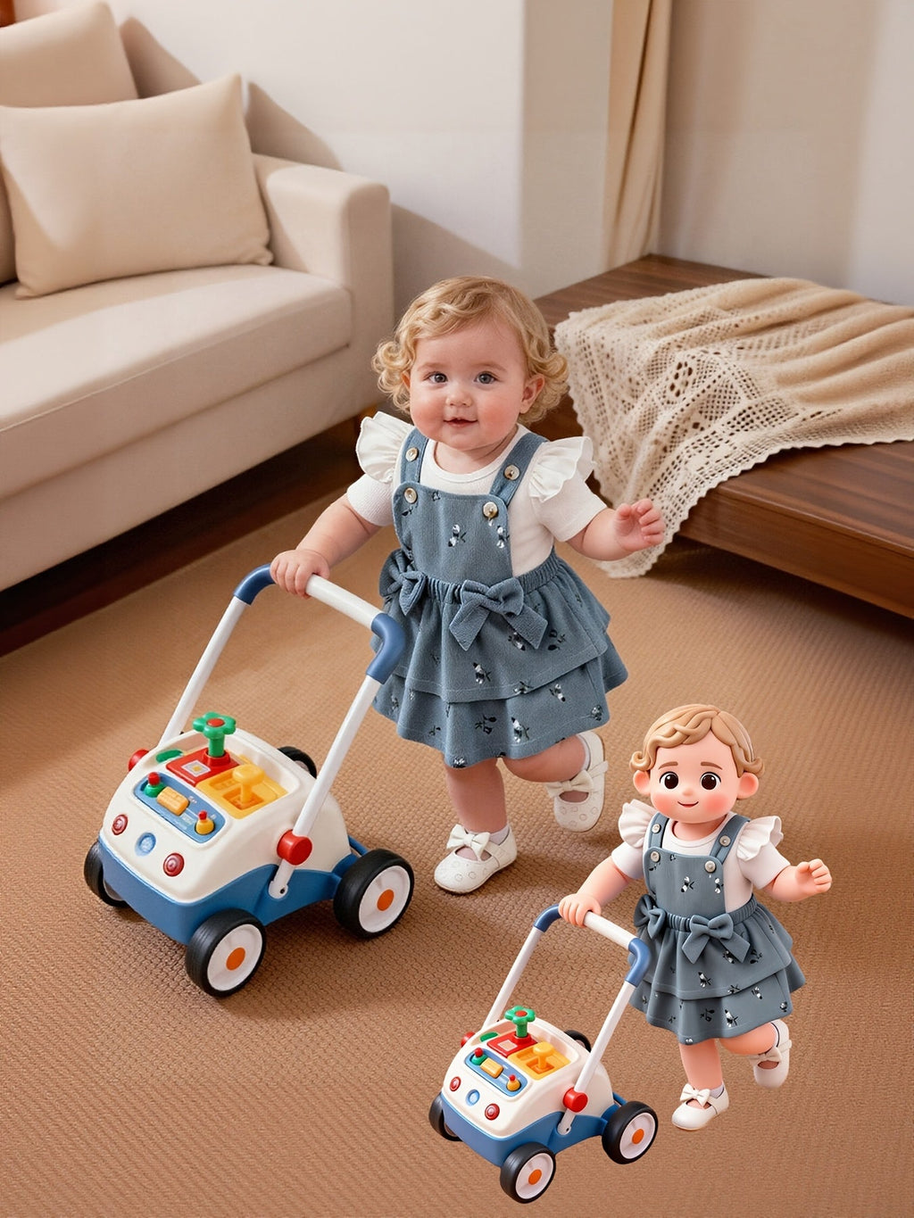 Baby Girls' Floral Pinafore Outfit with a Flutter Sleeve Top and Matching Bow Headband in Steel Blue