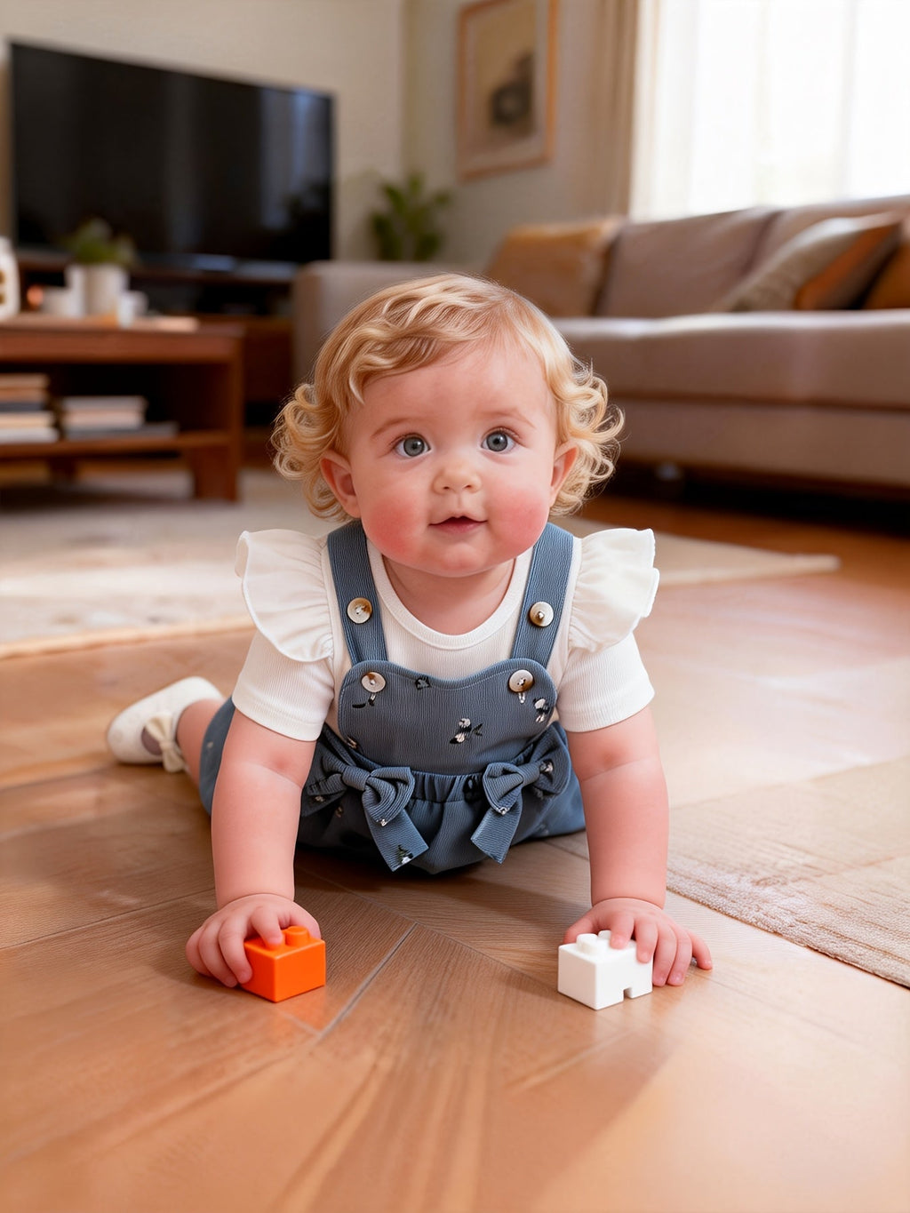 Baby Girls' Floral Pinafore Outfit with a Flutter Sleeve Top and Matching Bow Headband in Steel Blue