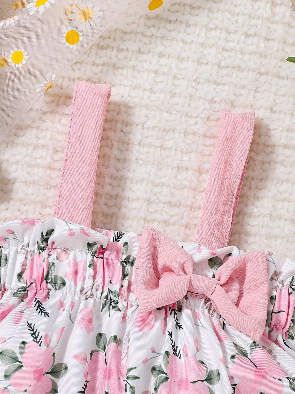 Baby Girls' Pink Floral Top and Bloomer Set with a Bow Front and Ruffled Edges for Warm Weather Outfits