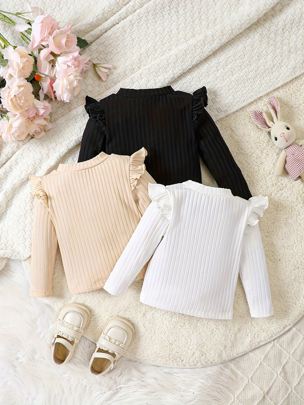 Baby Girls' Ribbed Tops Three-Pack with Long Sleeves and Ruffled Shoulders for Everyday Layered Outfits