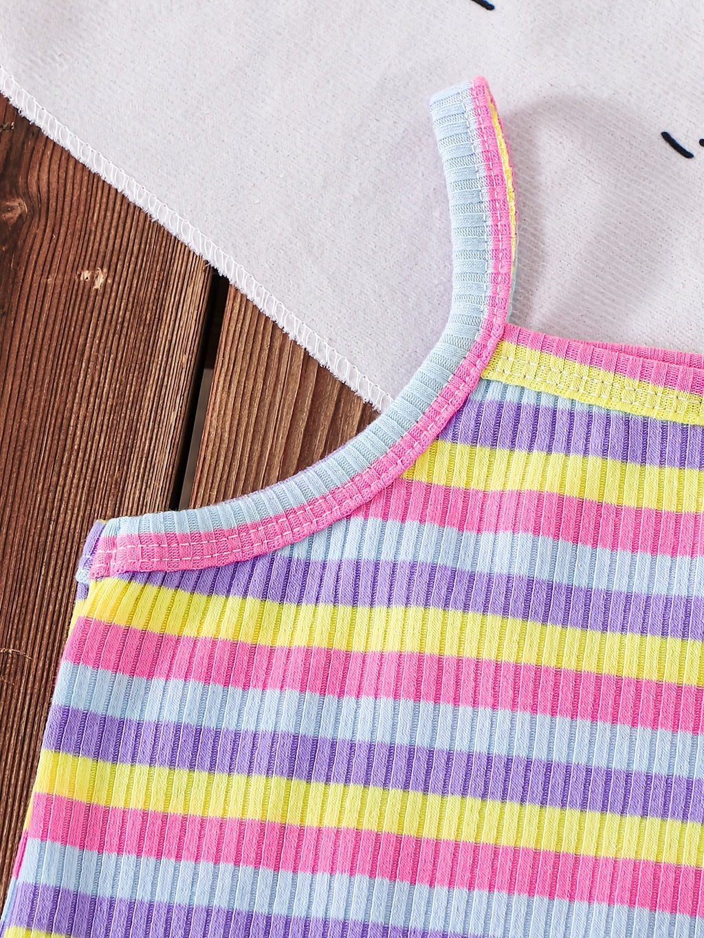 Girls' Ribbed Short Rompers Three Pack in Pink Yellow and Stripes with Shoulder Straps for Summer