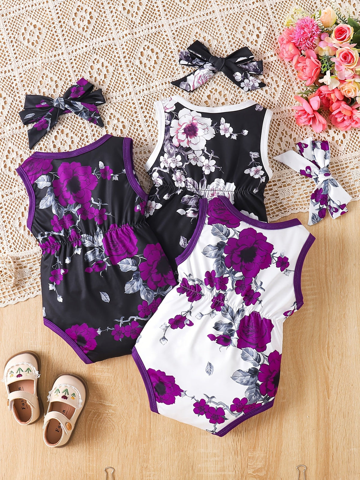 Baby Girls' Tie-Dye Bodysuit Set with Sleeveless Cuts and Coordinating Bow Headbands for Summer Outfits