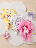 Baby Girls' Unicorn Footed Rompers 3-Pack in Pink, White and Yellow with Long Sleeves for Daily Changes