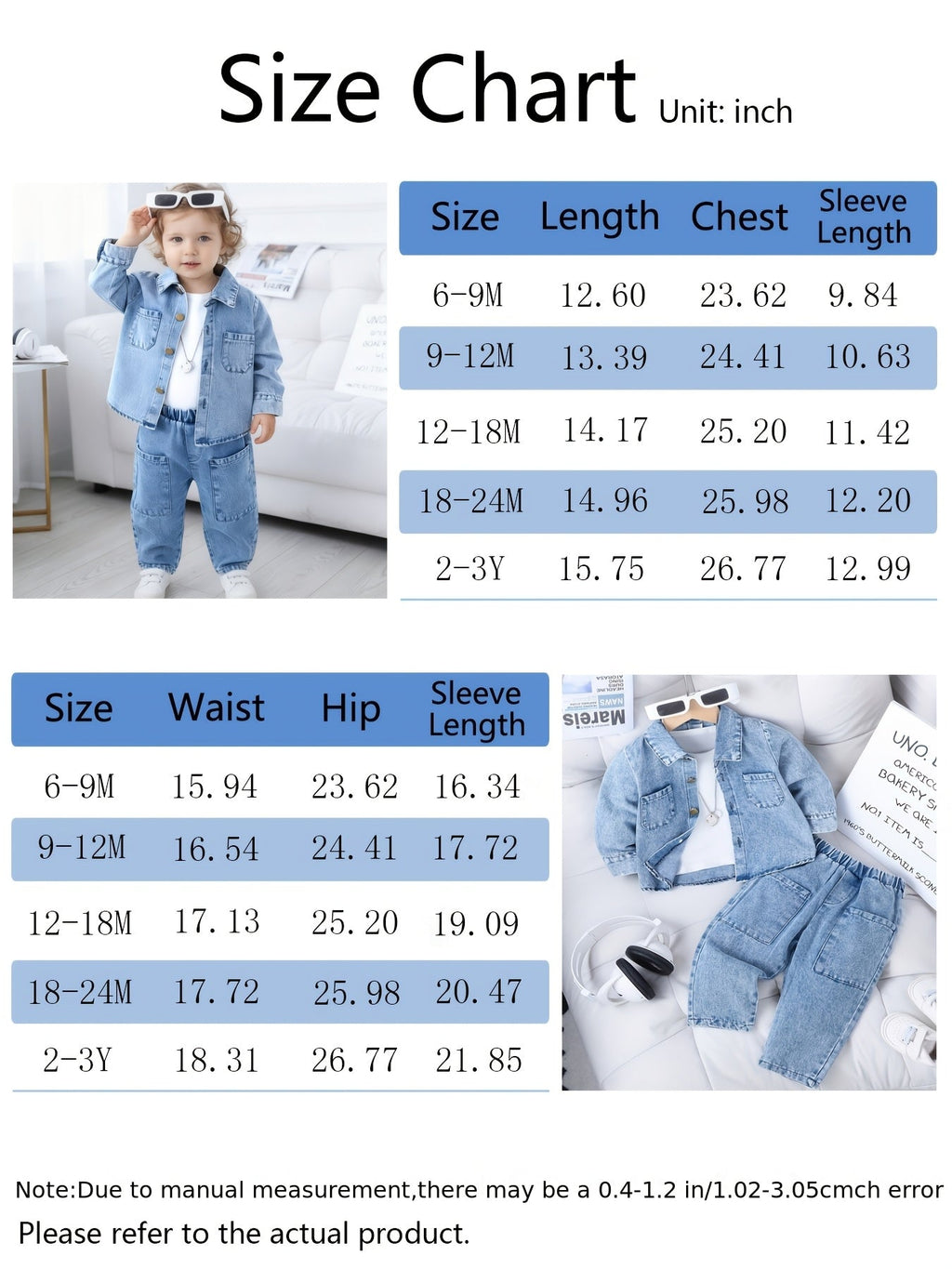Baby Girls' Denim Jacket and Pants Set with Patch Pockets and an Elastic Waist for Casual Outings