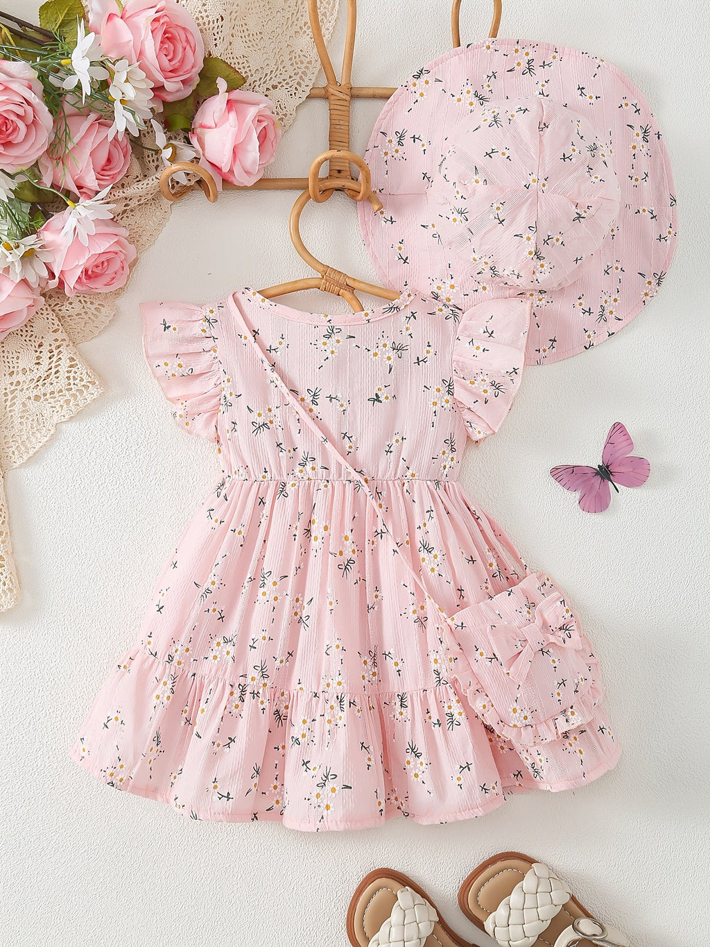 Girls' Floral Dress Set with a Matching Sun Hat and Small Bag for Coordinated Warm Weather Outfits