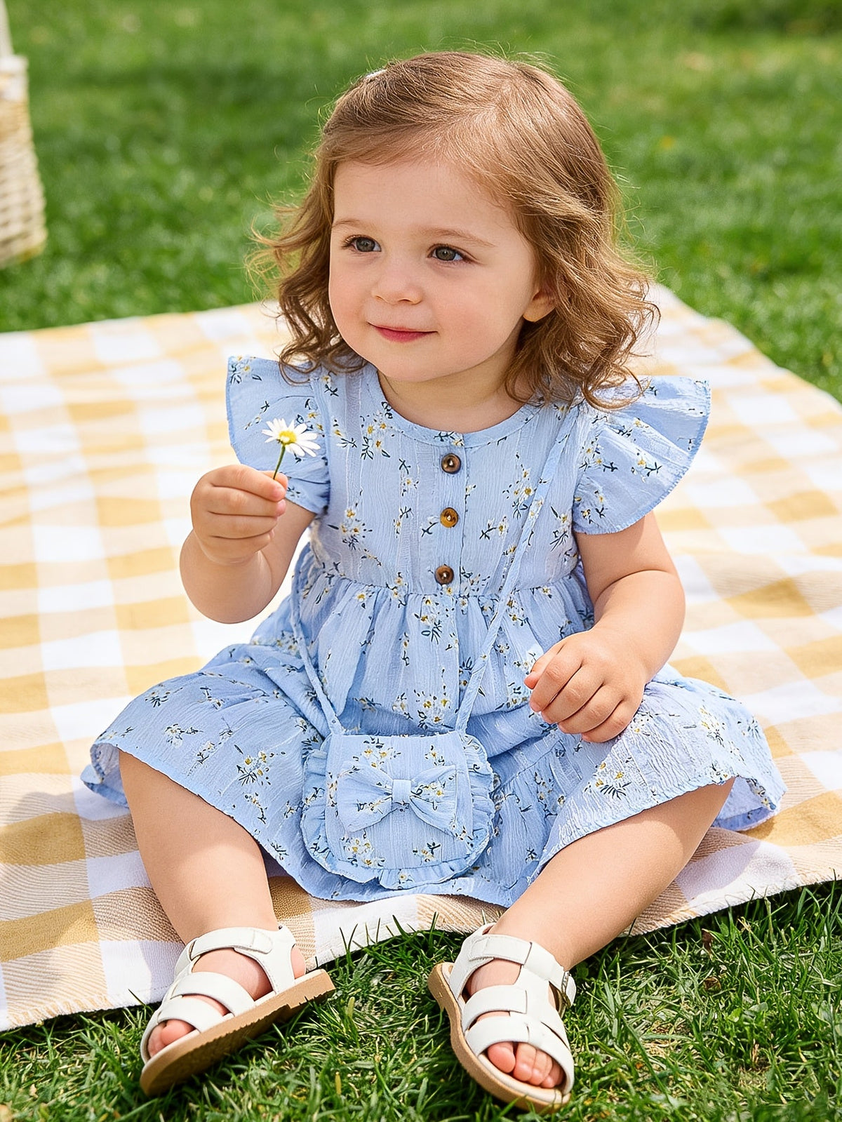 Girls' Floral Dress Set with a Matching Sun Hat and Small Bag for Coordinated Warm Weather Outfits