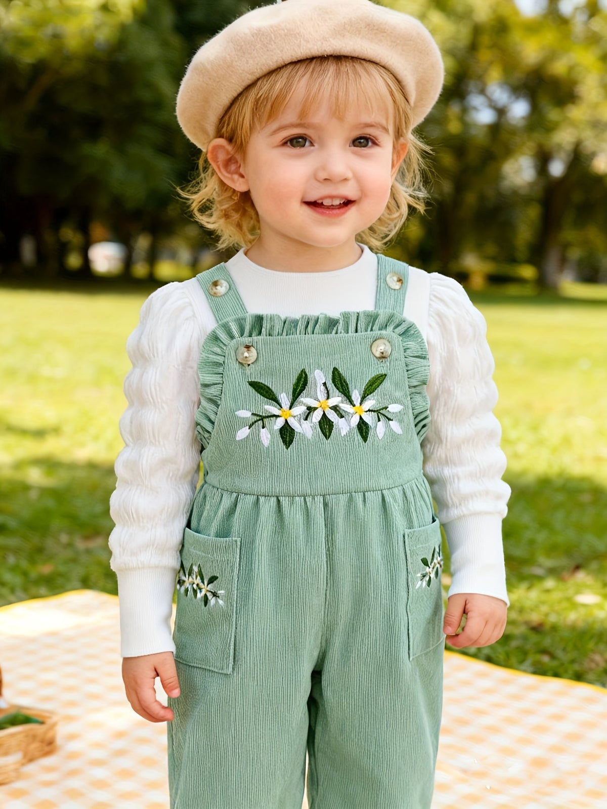 Baby Girls' Green Floral Overall Set with a White Long Sleeve Top and Matching Bow Headband for Spring