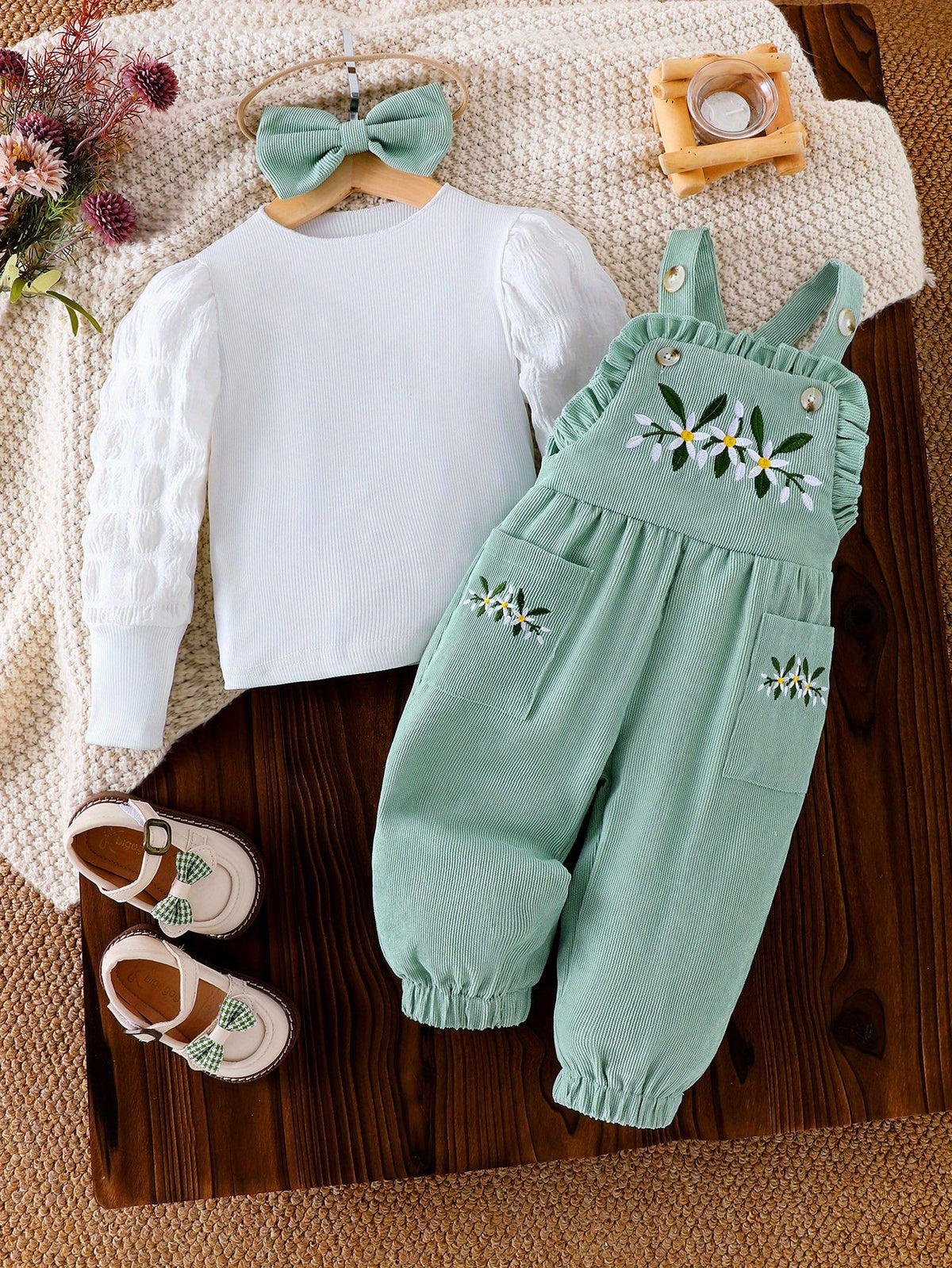 Baby Girls' Green Floral Overall Set with a White Long Sleeve Top and Matching Bow Headband for Spring