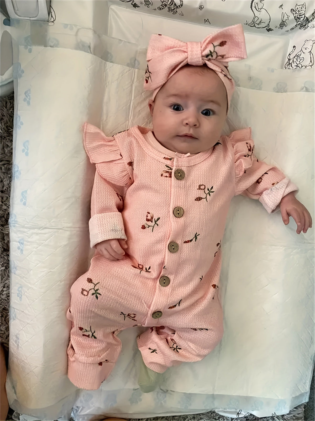Baby Girl Beige Floral Waffle Romper and Headband Set with Ruffle Shoulders and Long Sleeves for Daily Wear