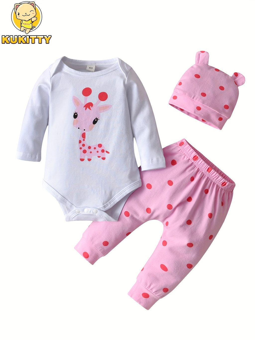 Baby Girls' Giraffe Print Bodysuit Outfit with Polka Dot Pants and a Matching Hat in Yellow or Pink