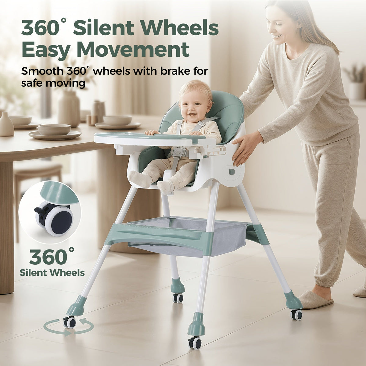 Foldable Baby High Chair with an Adjustable Tray and Cushioned Seat