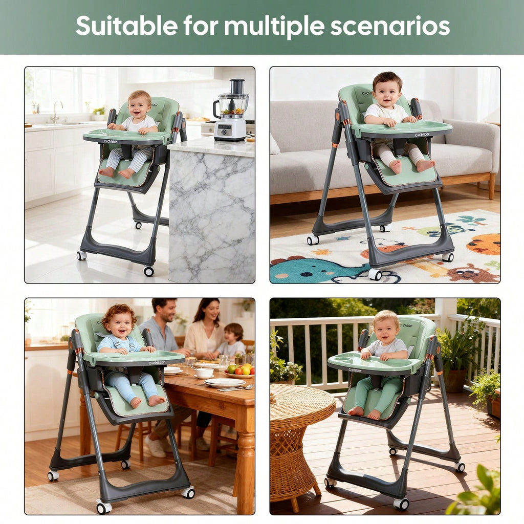 Adjustable Baby High Chair with a Removable Tray and Folding Frame, Four Height Settings for Family Mealtimes