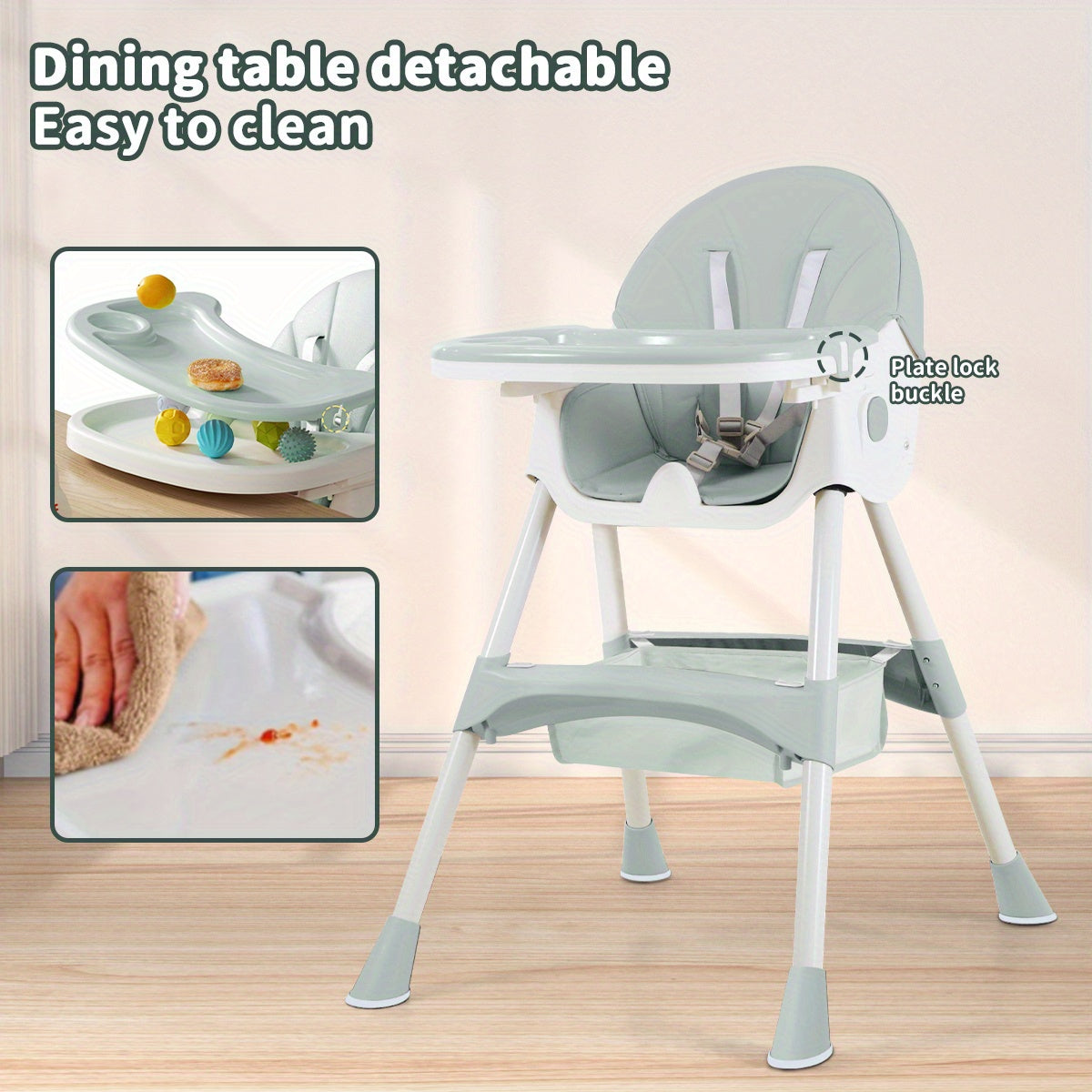 Baby High Chair with a Removable Feeding Tray and Foldable Frame in Pink or Khaki for Mealtimes