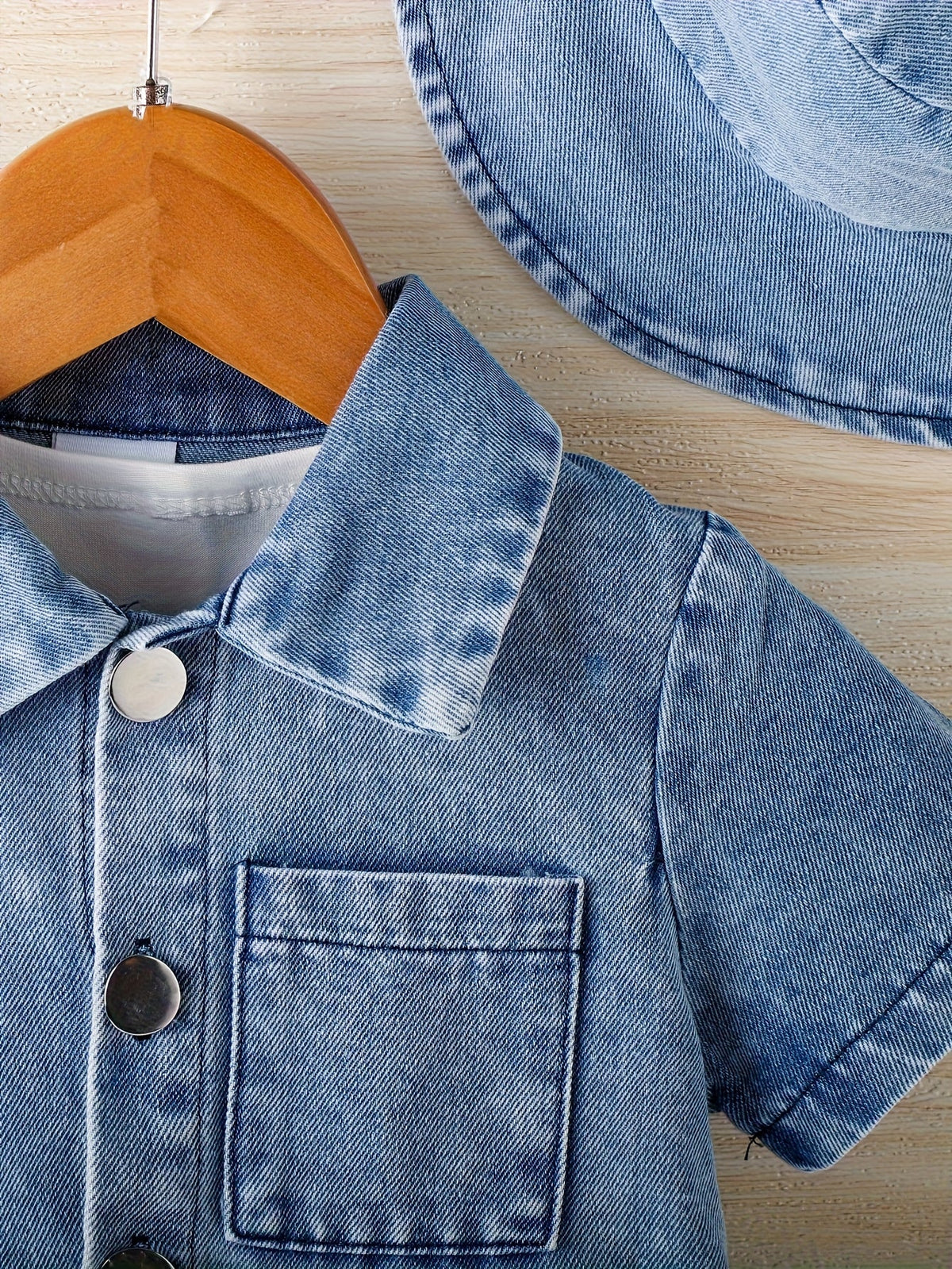 Baby Denim Outfit in a 3-Piece Shirt Shorts and Bucket Hat Set with a Washed Blue Finish for Casual Days