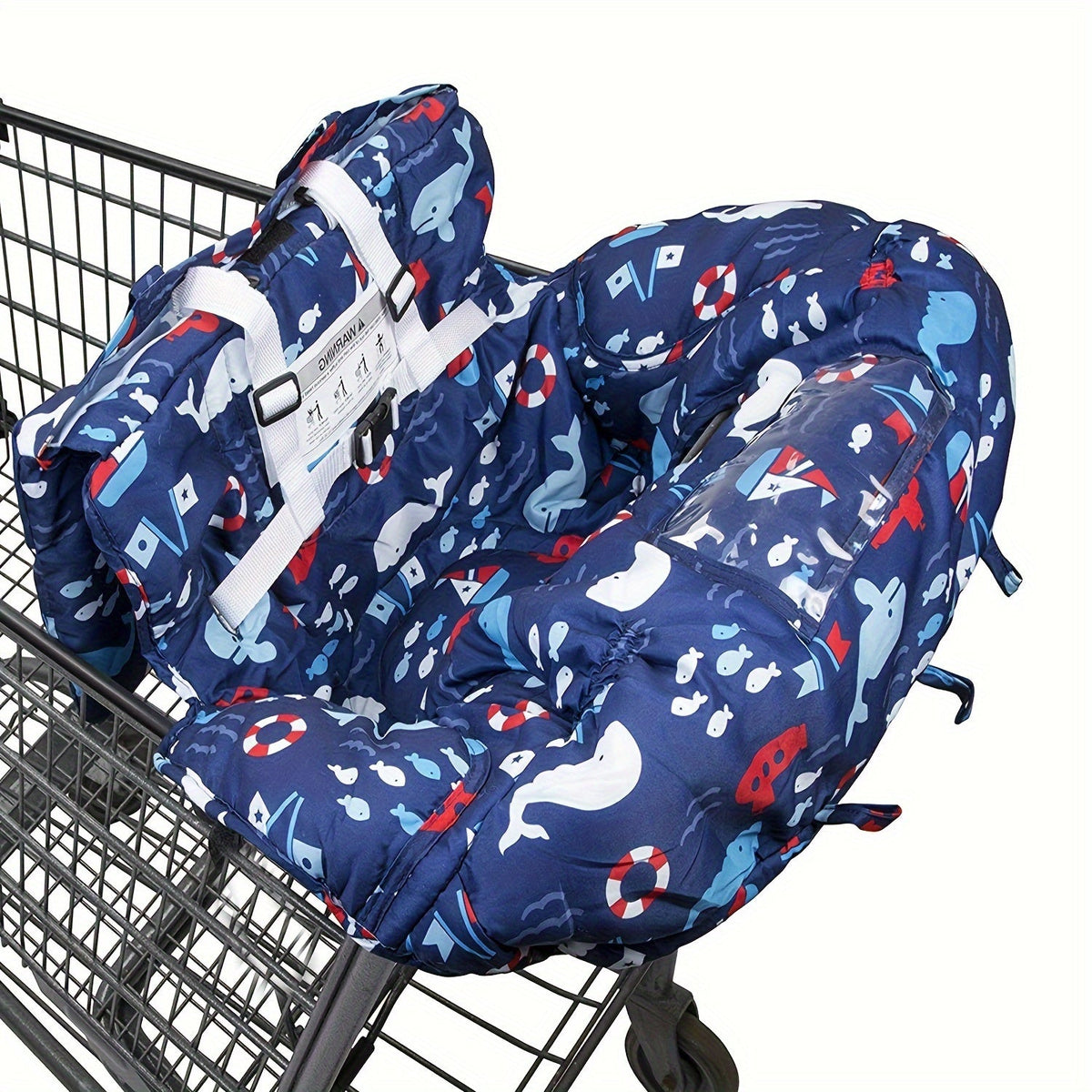 Padded Baby Shopping Cart and High Chair Cushion with Printed Wraparound Sides and Clear Front Phone Pocket