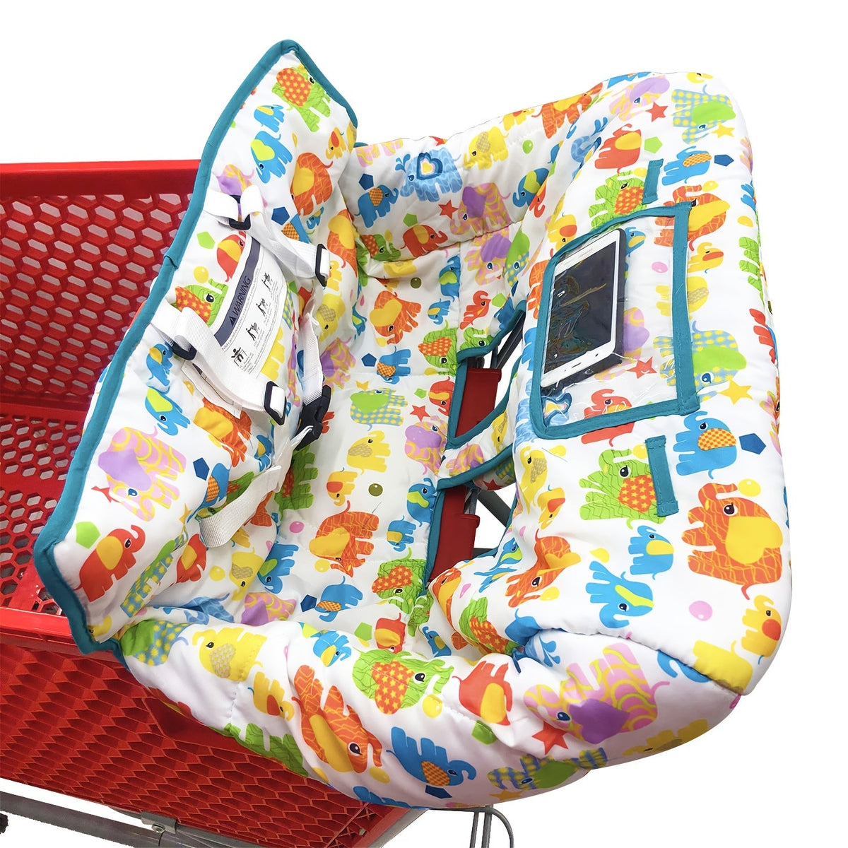 Padded Baby Shopping Cart and High Chair Cushion with Printed Wraparound Sides and Clear Front Phone Pocket