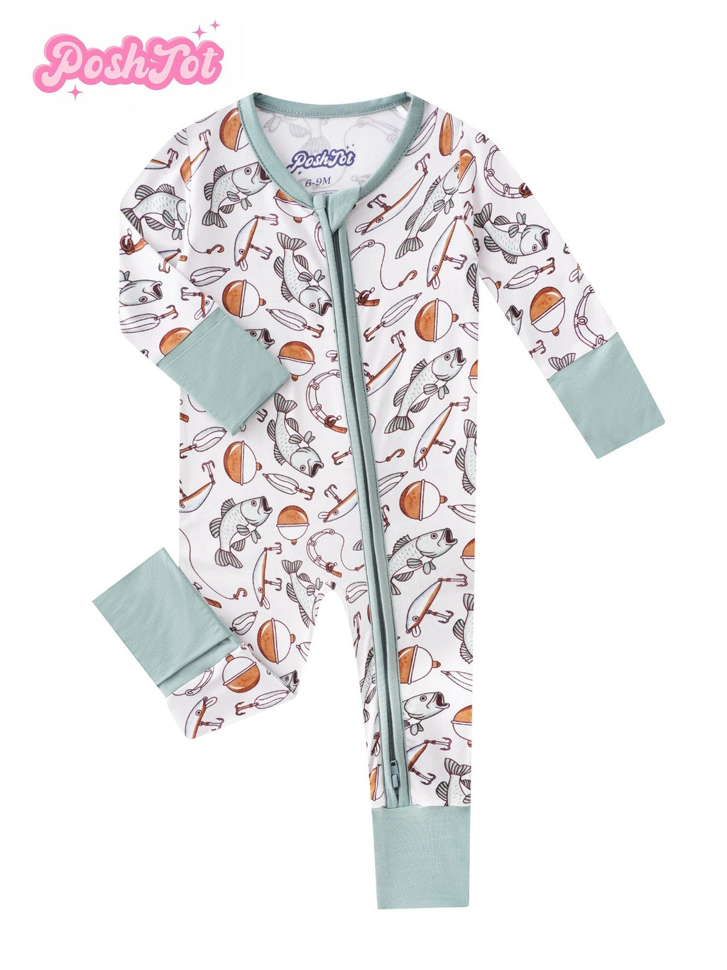 Baby Fishing Print Zip Romper in Ivory White with Mint Fold Over Cuffs and Long Sleeves for Daily Wear