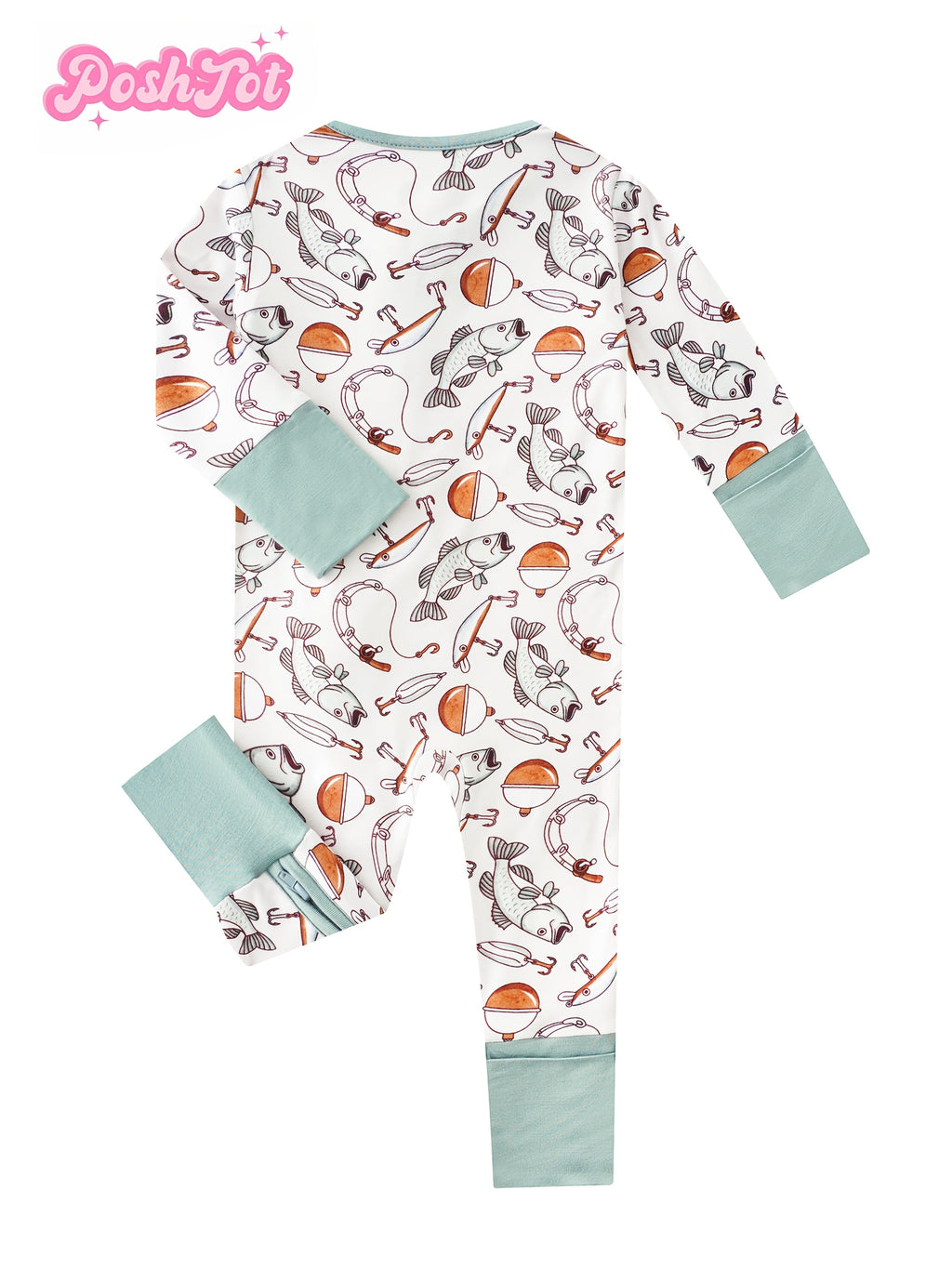 Baby Fishing Print Zip Romper in Ivory White with Mint Fold Over Cuffs and Long Sleeves for Daily Wear